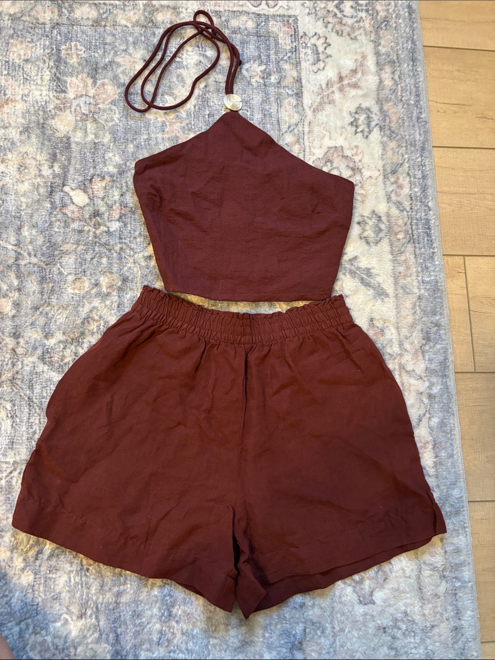 H&M Women's Maroon High-Waist Elastic Shorts with matching halter top
